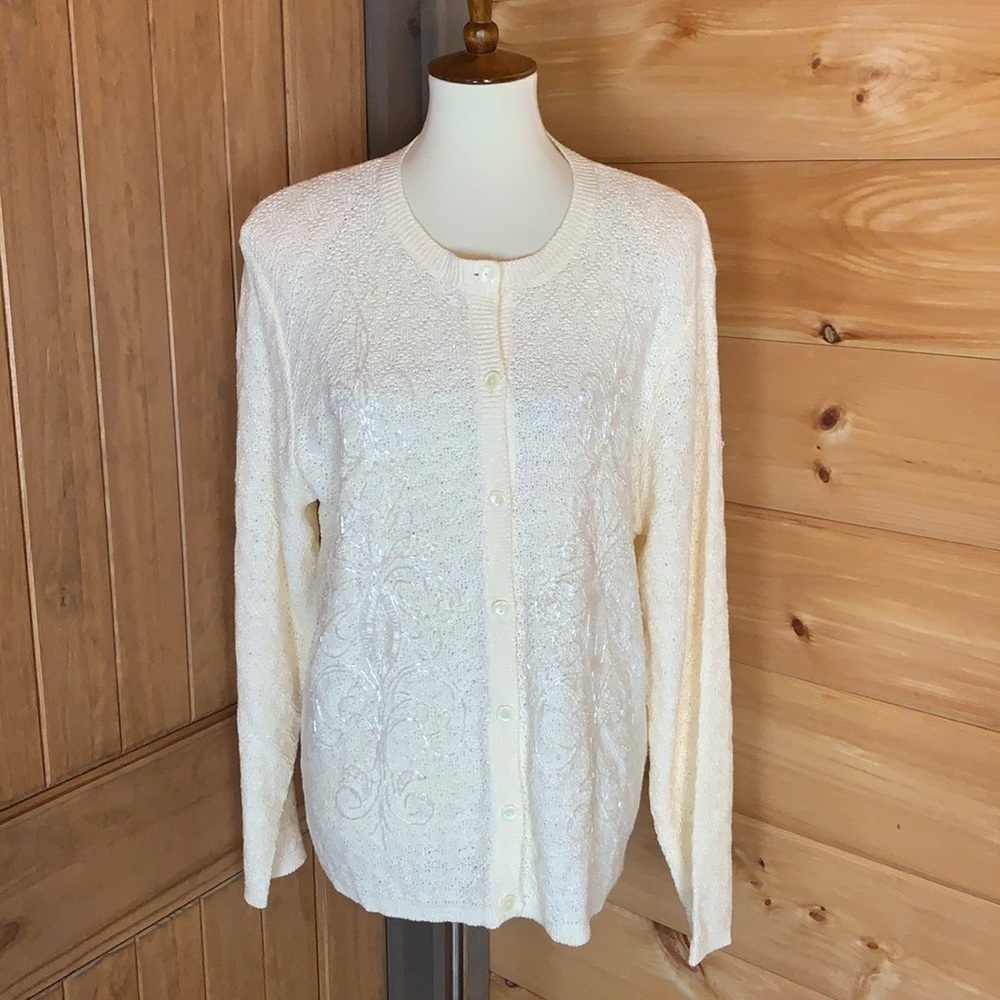 Vintage Alfred Dunner cream cardigan sweater with beads and tiny pearls Large - Picture 4 of 11